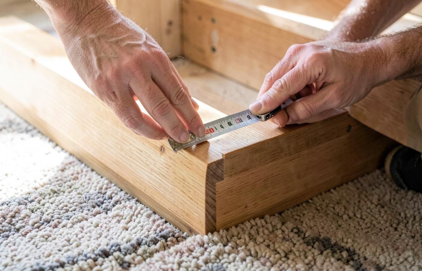 Hands using a tape measure across a wooden stair tread with a carpet runner partially fitted