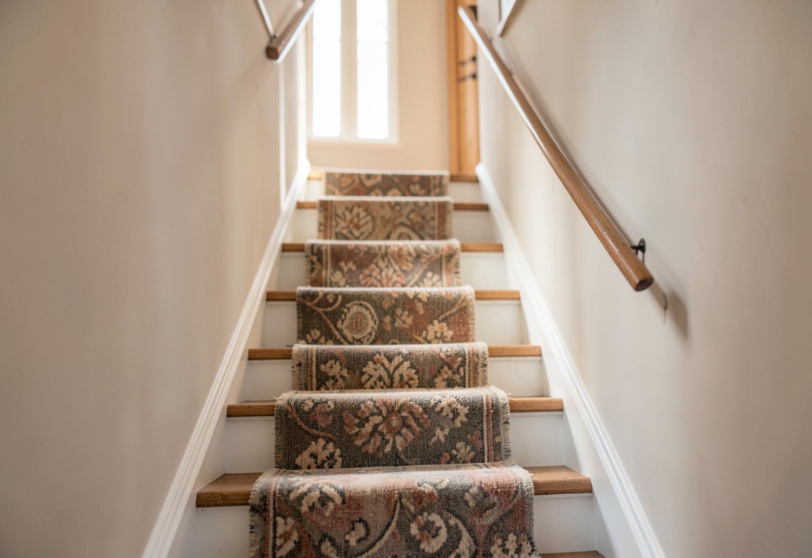 Patterned wool stair runner in muted clay tones installed on a straight oak staircase with white risers